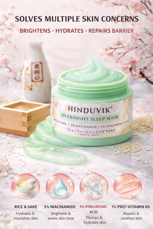 HINDUVIK Sleep Mask (Pack of 2 - SALE) Rice & Sake Overnight Mask for Luminous Glass Skin | With Niacinamide, Pro Vitamin B5 & Hyaluronic Acid | 100ml