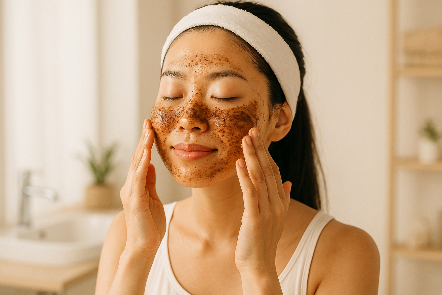 a Korean women applying coffee face scrub on her face