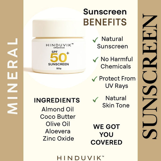 HINDUVIK SPF 50+ PA+++ Mineral Sunscreen With Zinc-Oxide | Luxury Natural UVA/UVB Defense Up to 16hrs