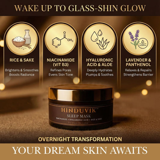 HINDUVIK Sleep Mask (Pack of 2 - SALE) Rice & Sake Overnight Mask for Luminous Glass Skin | With Niacinamide, Pro Vitamin B5 & Hyaluronic Acid | 100ml