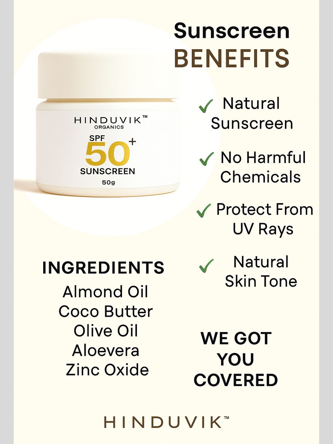 HINDUVIK Organics 3-Pack: 2x Natural Zinc SPF 50 Sunscreen & 1x Brightening Papaya Face Wash