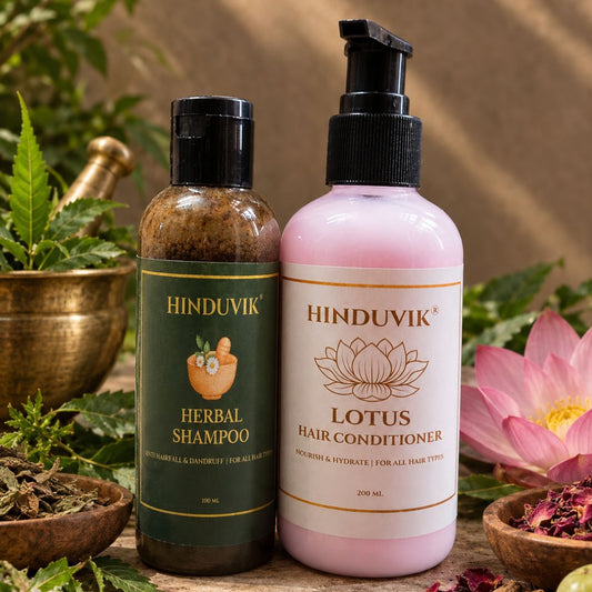 HINDUVIK Hair Care Combo: Anti-Hair Fall & Dandruff Herbal Shampoo & Lotus Nourishing Conditioner