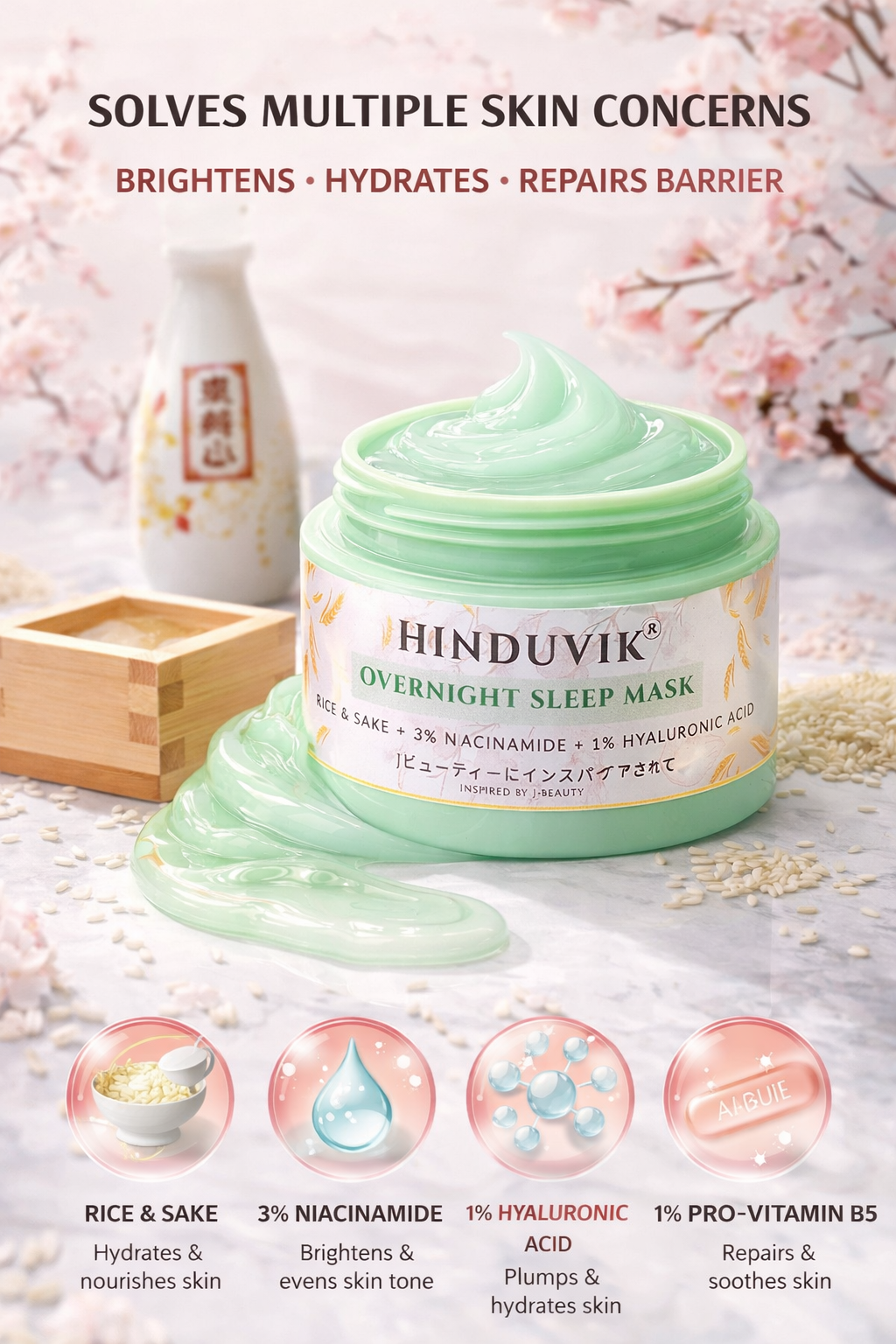 HINDUVIK Sleep Mask (Pack of 2 - SALE) Rice & Sake Overnight Mask for Luminous Glass Skin | With Niacinamide, Pro Vitamin B5 & Hyaluronic Acid | 100ml