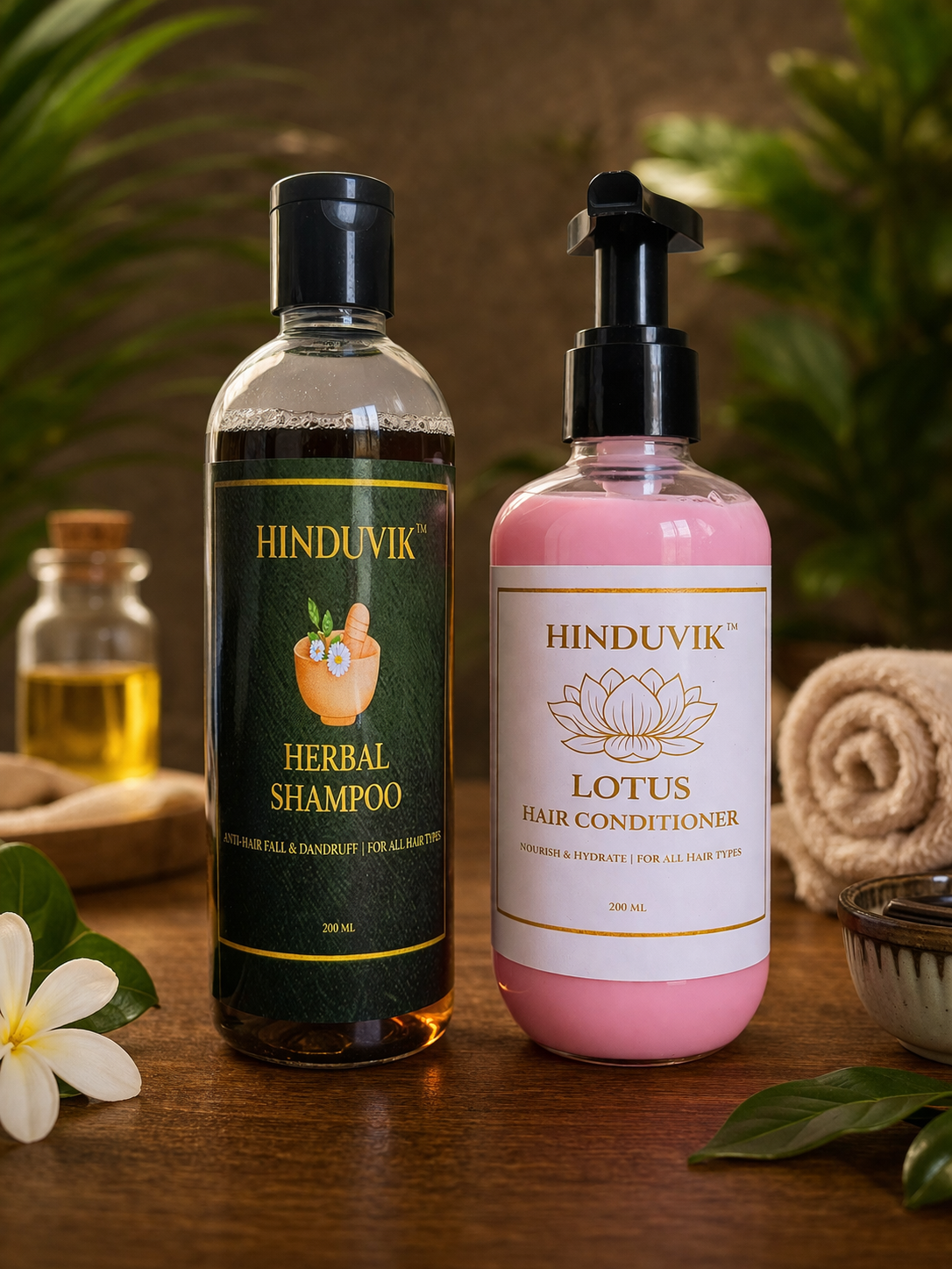 HINDUVIK Hair Care Combo: Anti-Hair Fall Herbal Shampoo & Lotus Nourishing Conditioner