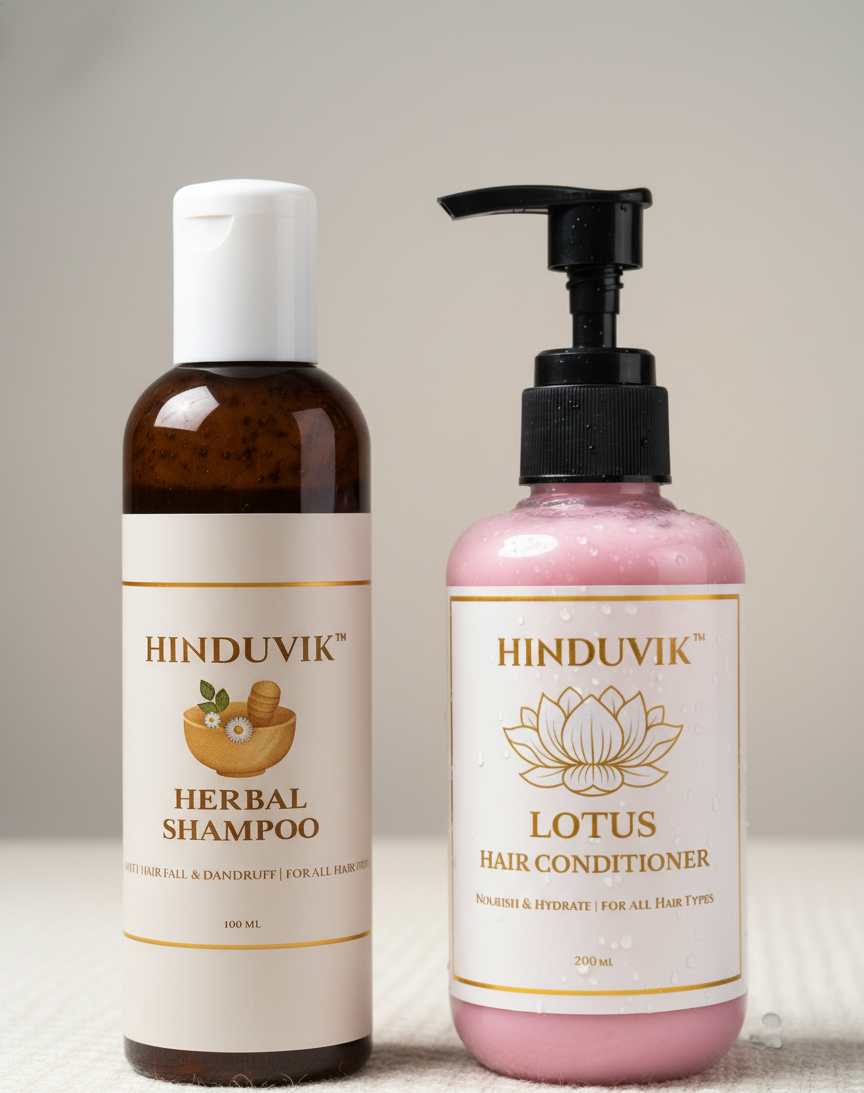 HINDUVIK Hair Care Combo: Anti-Hair Fall Herbal Shampoo & Lotus Nourishing Conditioner