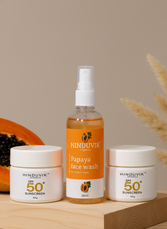 HINDUVIK Organics 3-Pack: 2x Natural Zinc SPF 50 Sunscreen & 1x Brightening Papaya Face Wash