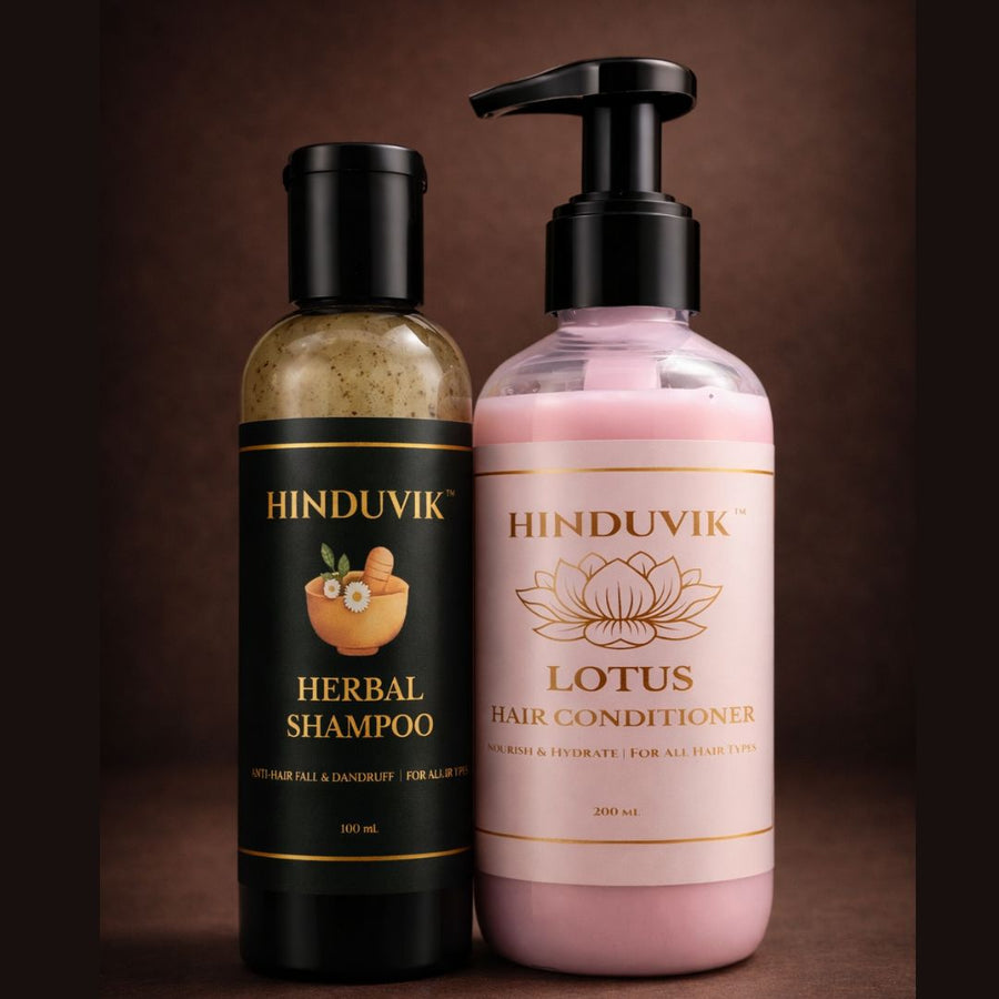 HINDUVIK Hair Care Combo: Anti-Hair Fall & Dandruff Herbal Shampoo & Lotus Nourishing Conditioner