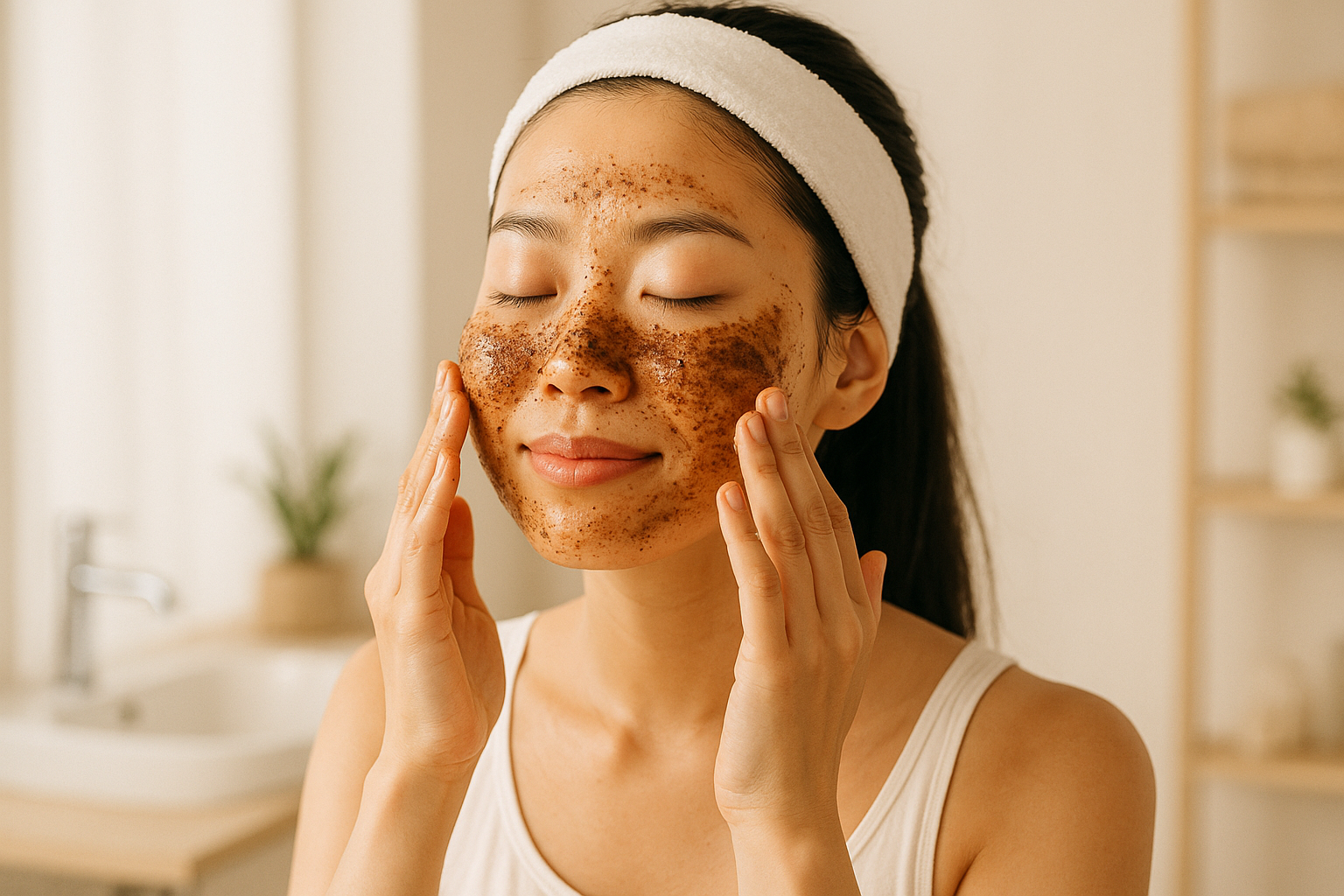 a Korean women applying coffee face scrub on her face 