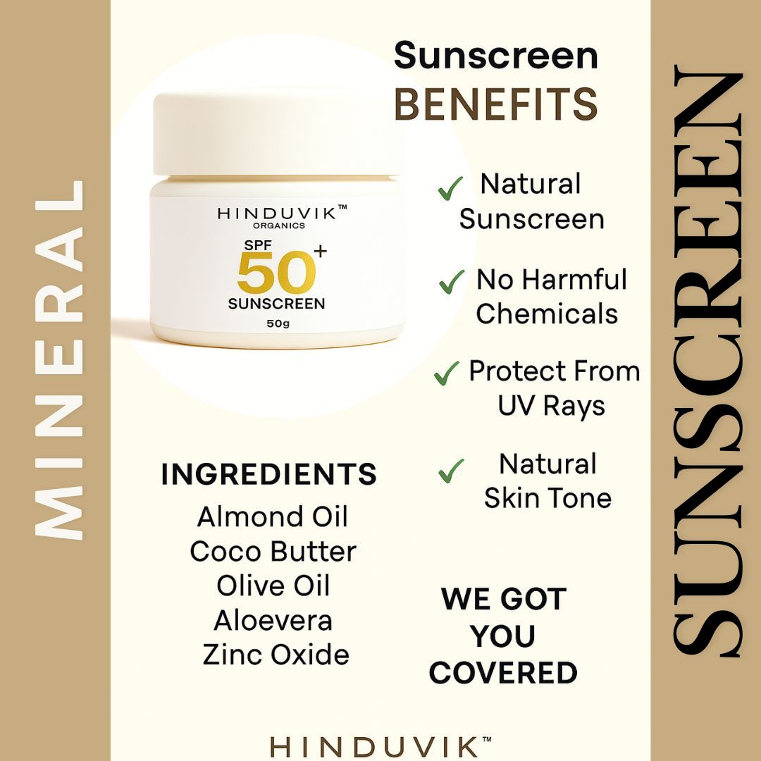 HINDUVIK SPF 50+ PA+++  Mineral Sunscreen With Zinc-Oxide | Luxury Natural UVA/UVB Defense Up to 16hrs